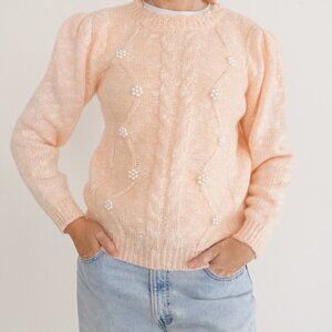 Vintage Spice Of Life Peach Knit w Beaded Pearls Cable Knit Sweater L
